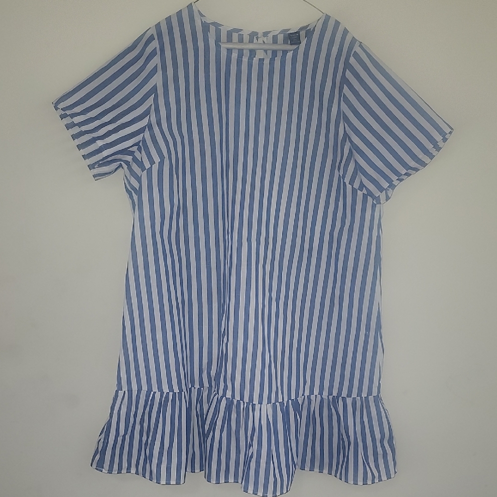 Blue and White Striped Ruffle-Hem Dress